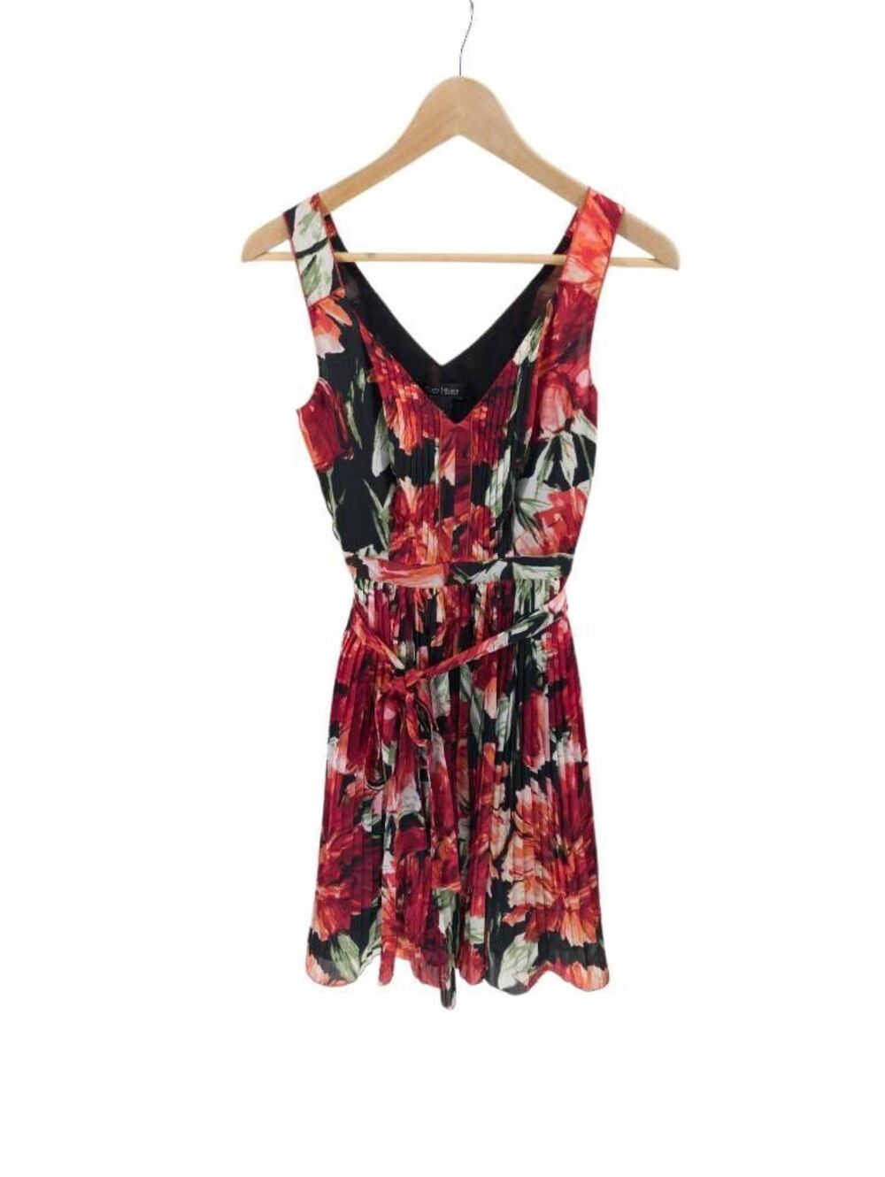 White House Black Market Red Floral Pleated Fit & Flare Dress Sleeveless Tie Wai